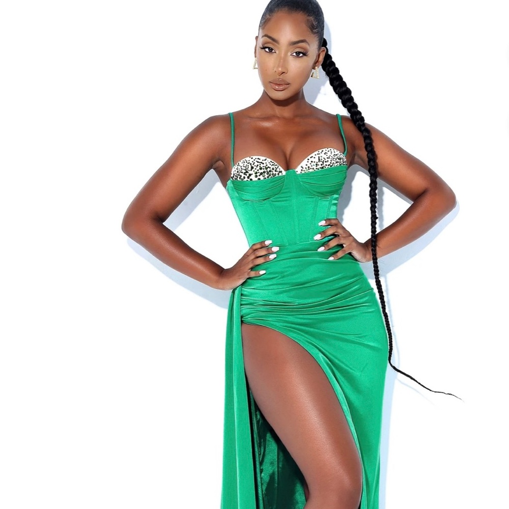 Vanity Green Satin High Slit Draping Corset Gown With Crystals